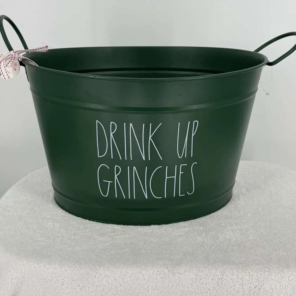 Rae Dunn Drink Up Grinches Green Christmas Holiday Party Metal Drink Bucket